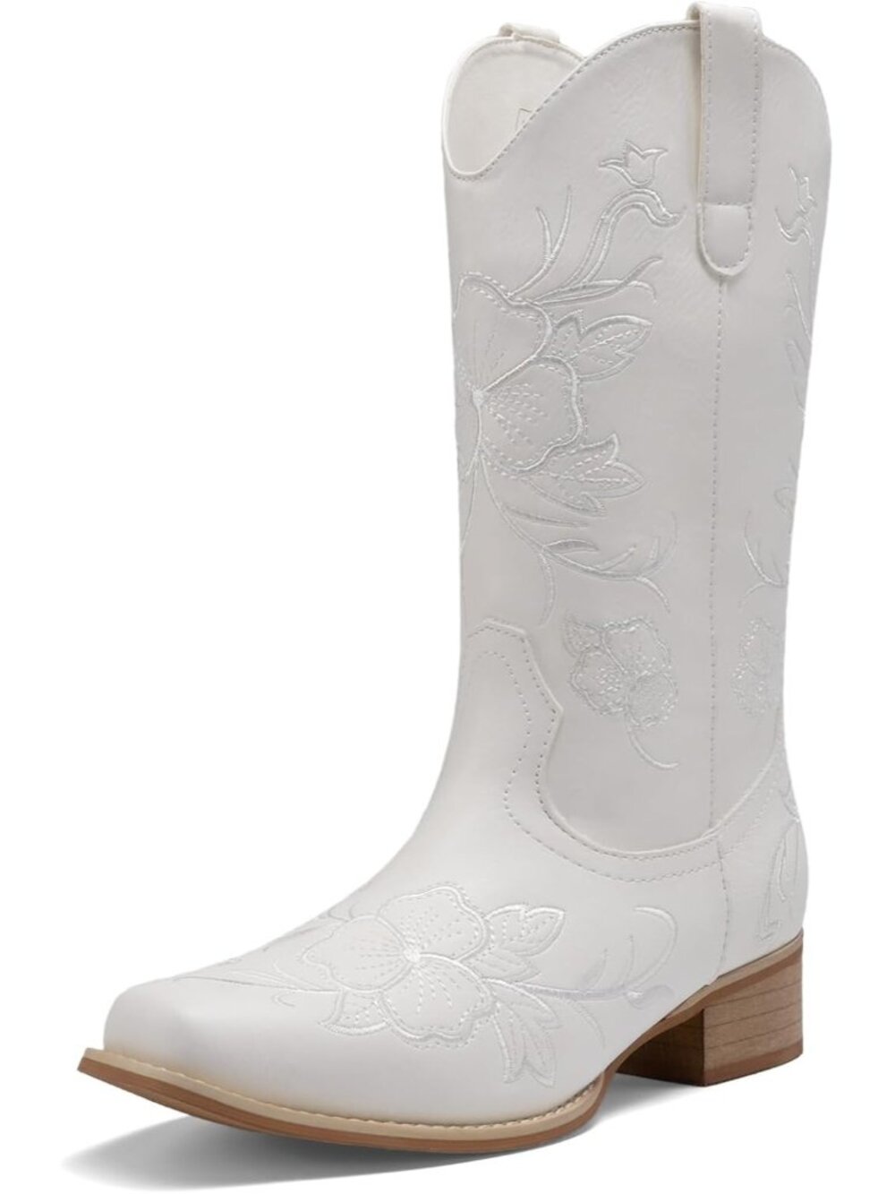 Women's White Faux Leather Chunky Low Heel Square Toe Western Cowgirl Heel Boots